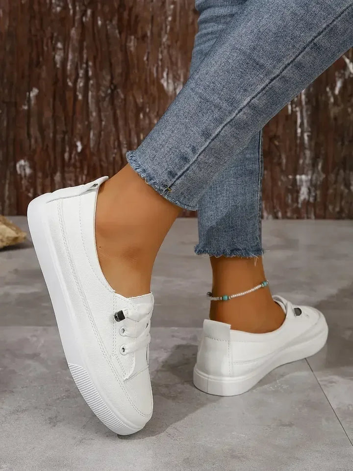 Chic women's white round toe lace-up walking shoes, comfortable and versatile casual flats for daily wear.