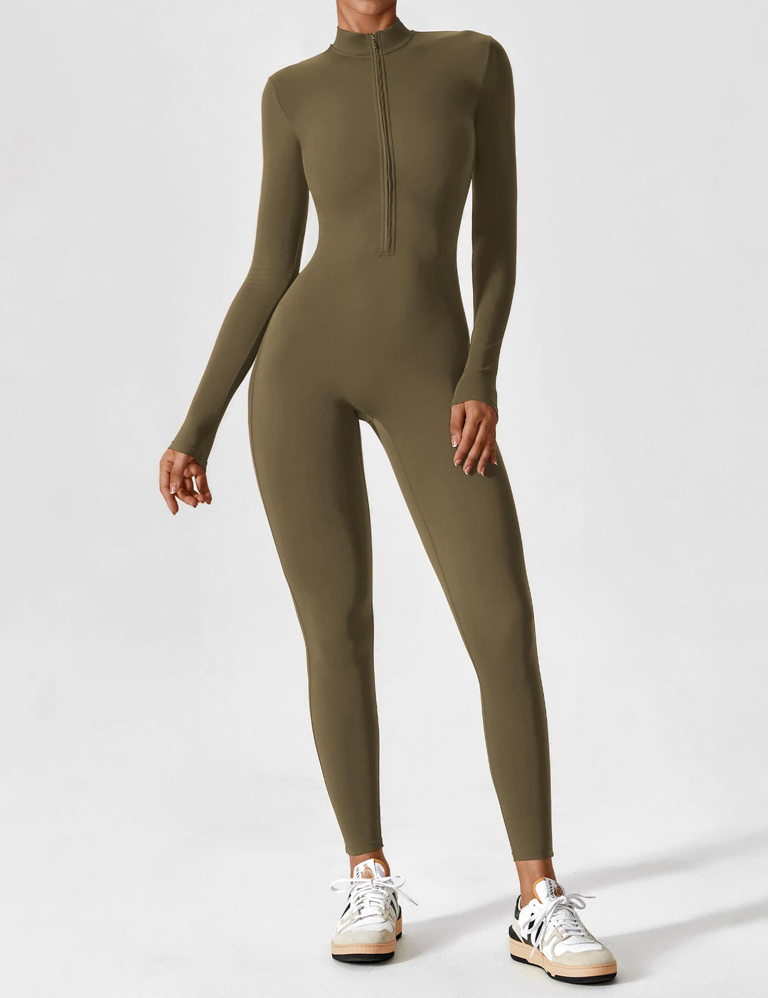 White women's long sleeve zip lounge set, clean and crisp summer casual wear