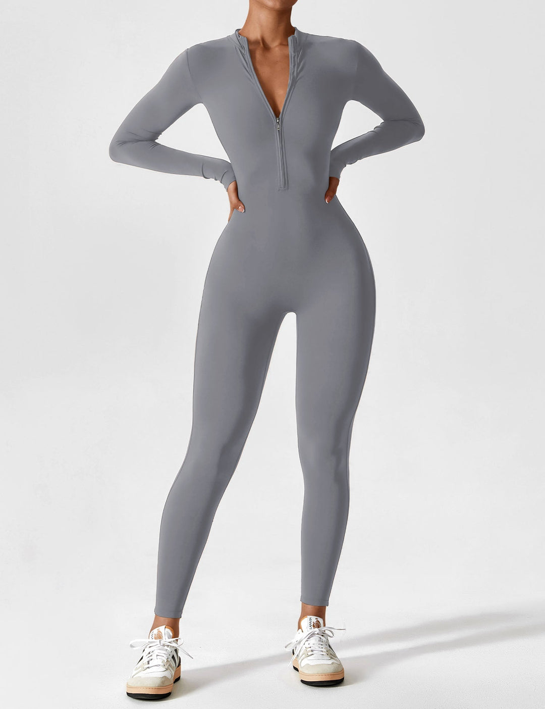 Women's long sleeve zip lounge set in a soft lavender, serene summer casual wear