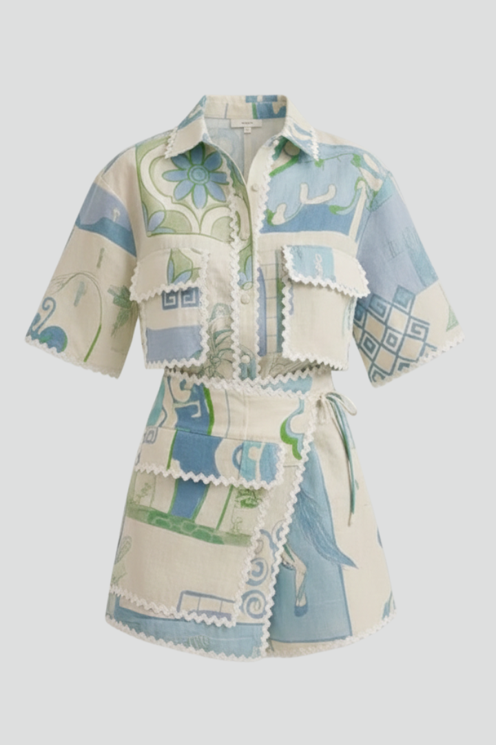 Women's white patchwork two-piece shorts set, ideal for summer casual wear