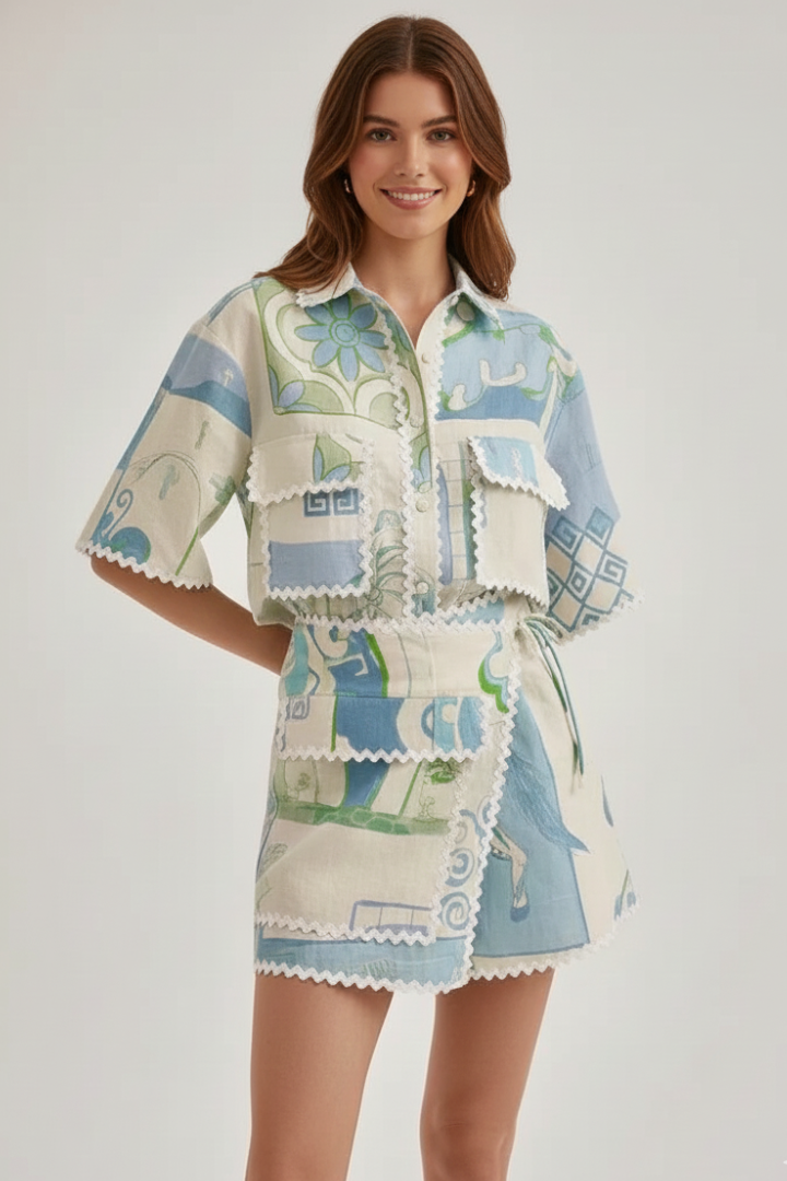 Relaxed fit white patchwork shorts set for women, perfect vacation outfit