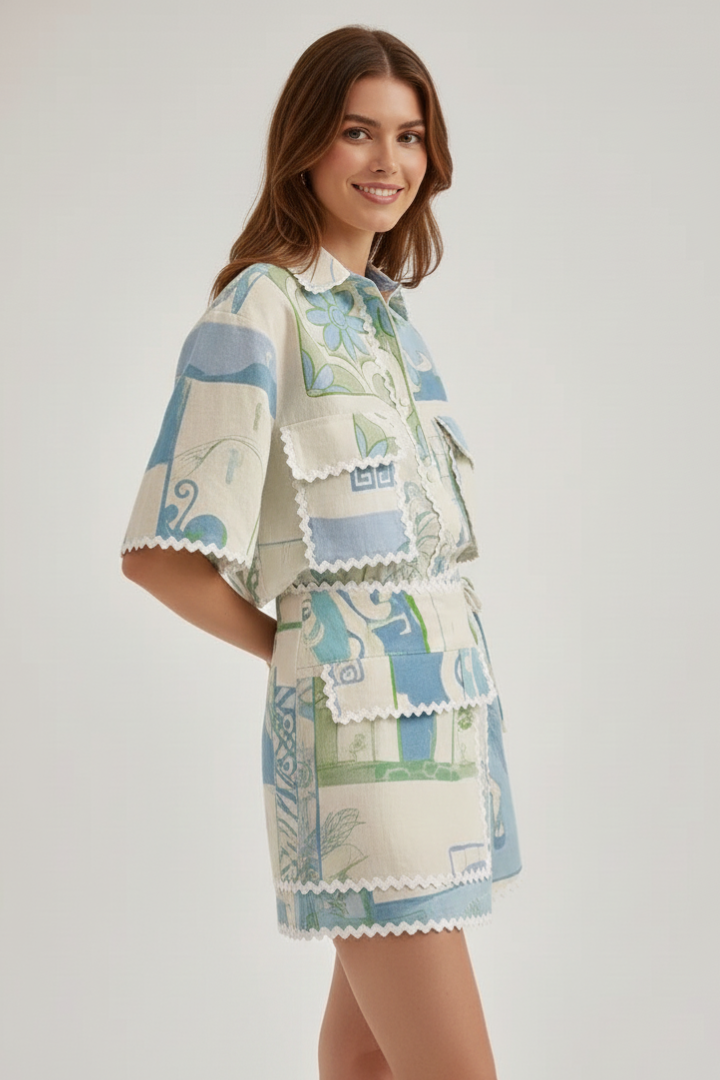Stylish women's two-piece casual shorts set with unique patchwork design
