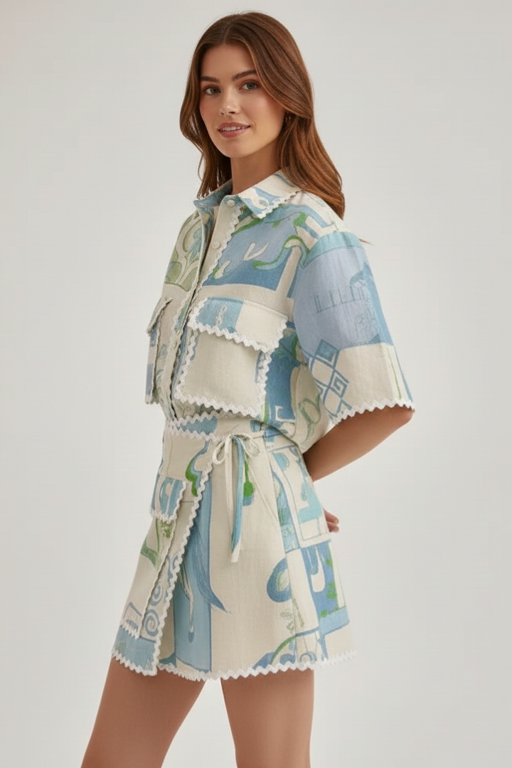 Summer-ready white patchwork shorts and top set for women's apparel