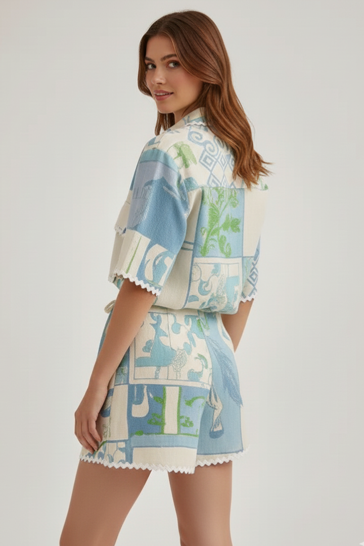 White patchwork two-piece shorts set, comfortable and chic for women