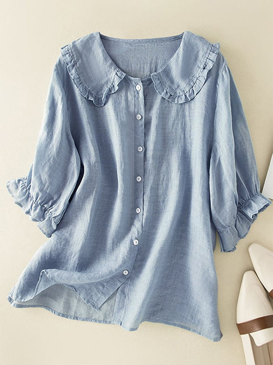 Women's white ruffle collar button-front shirt with loose fit, ideal for summer casual wear.