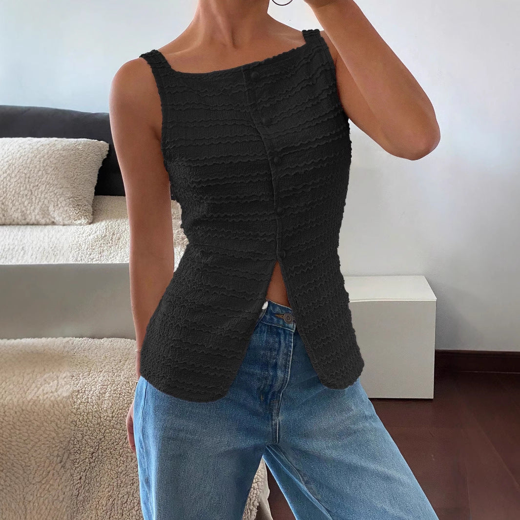 Fashionable women's sleeveless top with button-front closure, perfect for daytime wear and warm weather.