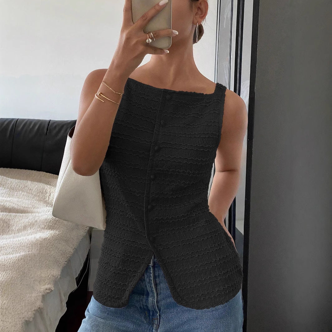 Textured women's sleeveless button-front top in a light color, ideal for a casual and stylish look.