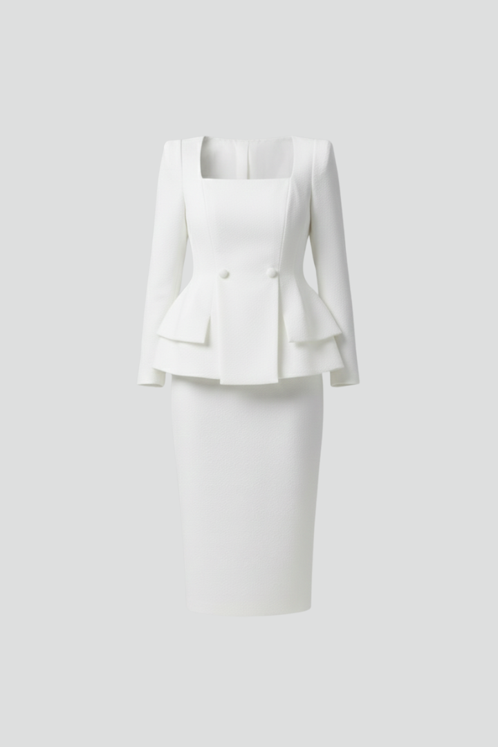 Stylish women's black square neck blazer and midi skirt suit set. Modern two-piece co-ord for professional women.