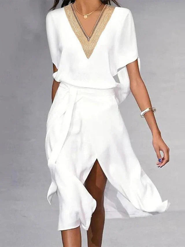 Women's white V-neck flowy midi dress, perfect for summer casual wear or vacation