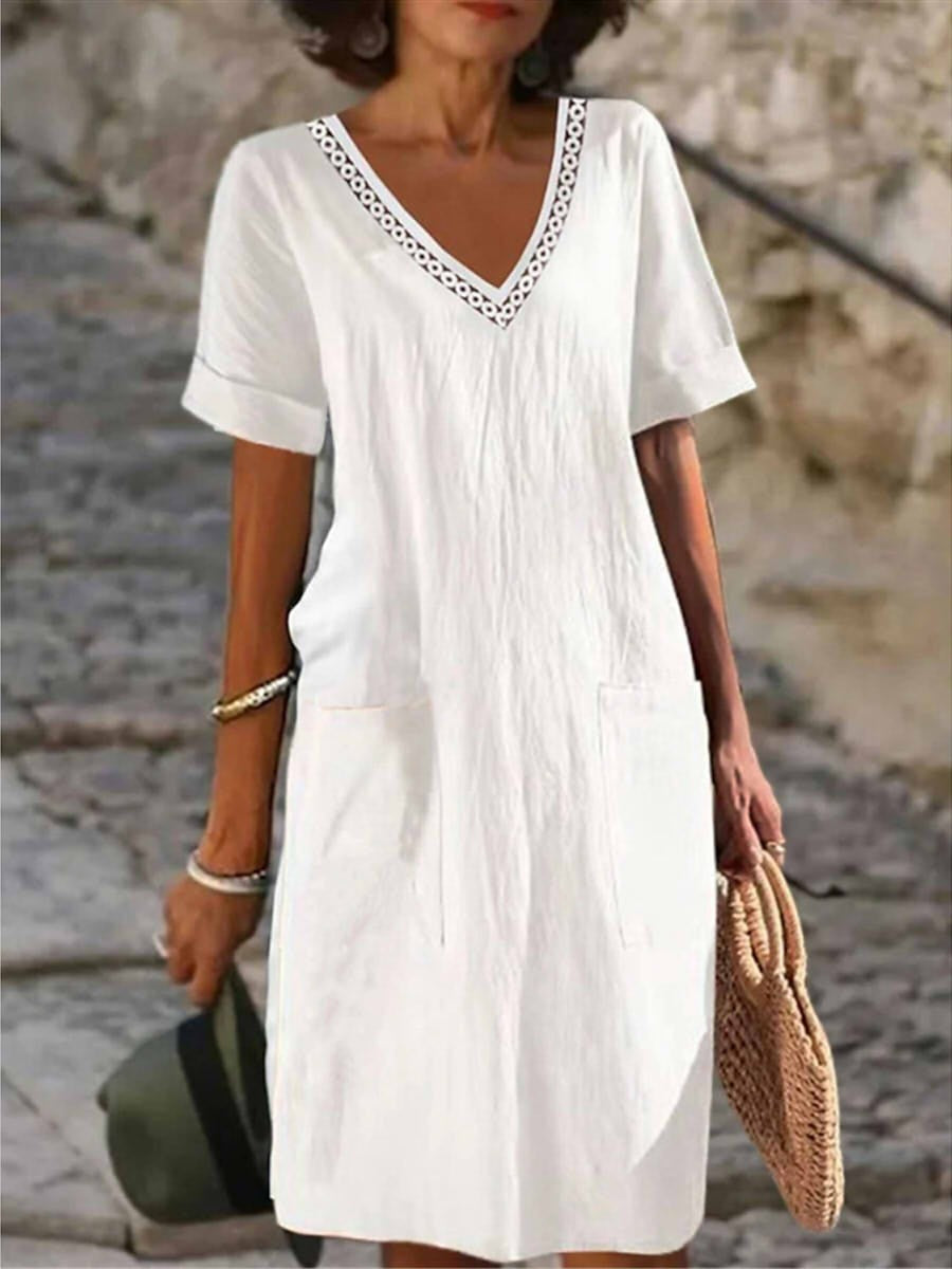 Women's white V-neck straight fit midi summer dress, perfect casual vacation wear