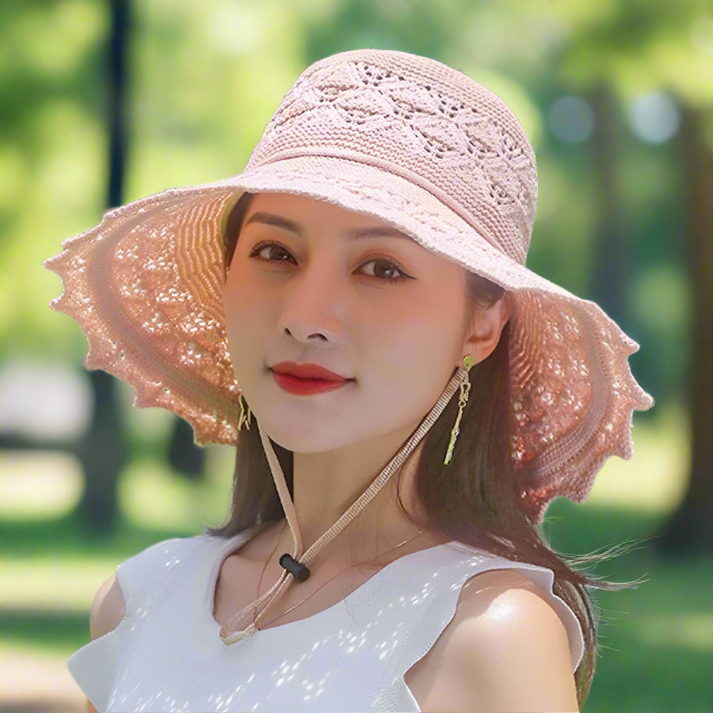 Elegant women's wide brim sun hat, khaki color, for sun and UV protection