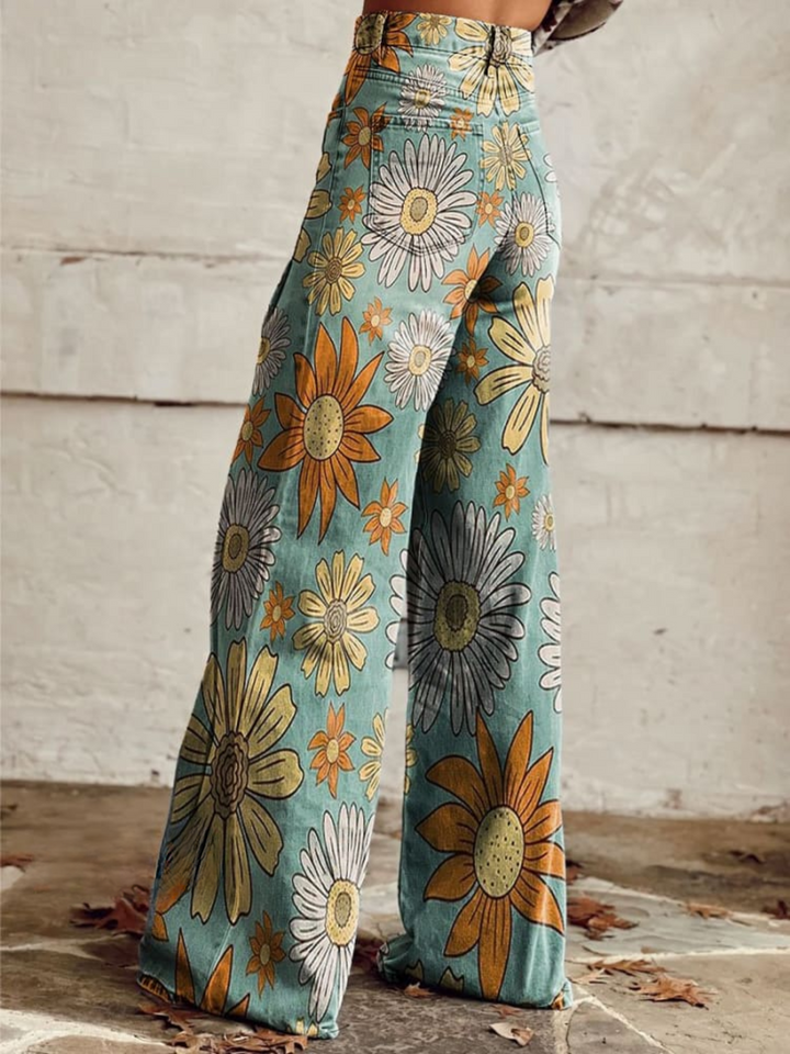 Comfortable women's wide leg floral print denim jeans, perfect for a statement casual look