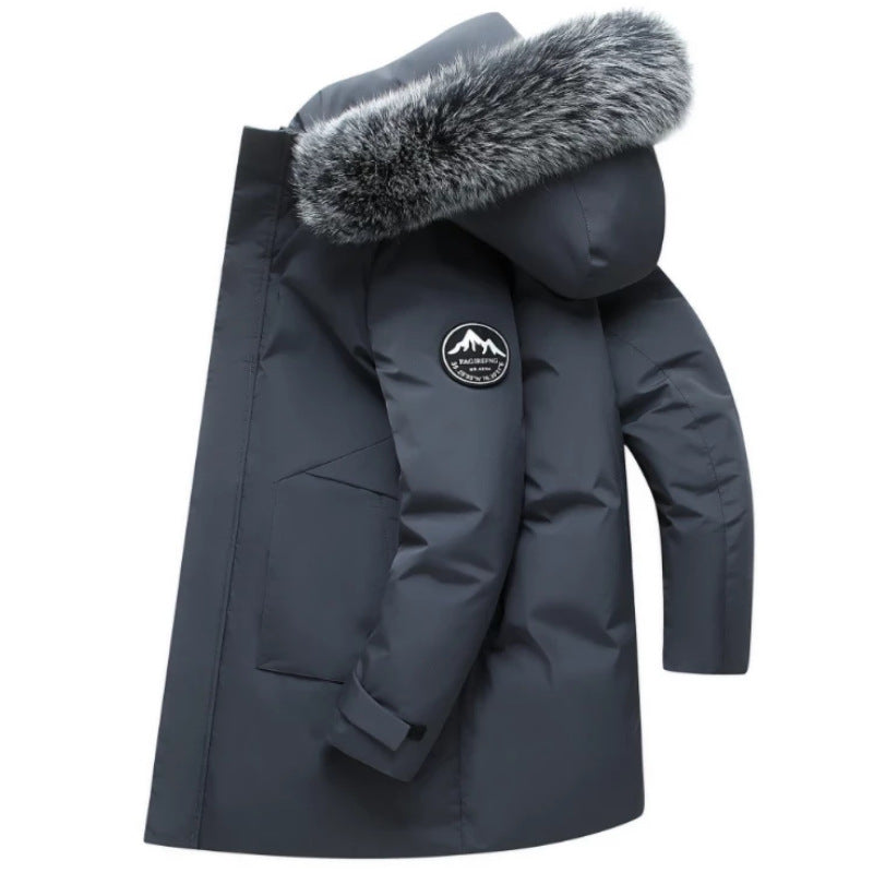 Long women's winter coat with a detachable hood and luxurious faux fur trim, providing ultimate warmth and style.