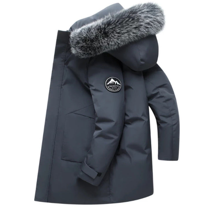 Long women's winter coat with a detachable hood and luxurious faux fur trim, providing ultimate warmth and style.