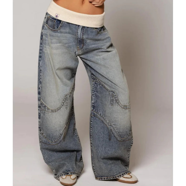 Women's Y2K baggy wide leg jeans with unique ribbed elastic waist, perfect for retro streetwear style.