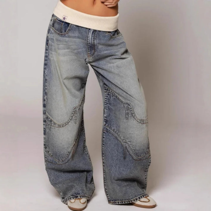 Retro style women's baggy wide leg jeans, high-waisted with a ribbed elastic band for modern Y2K looks.