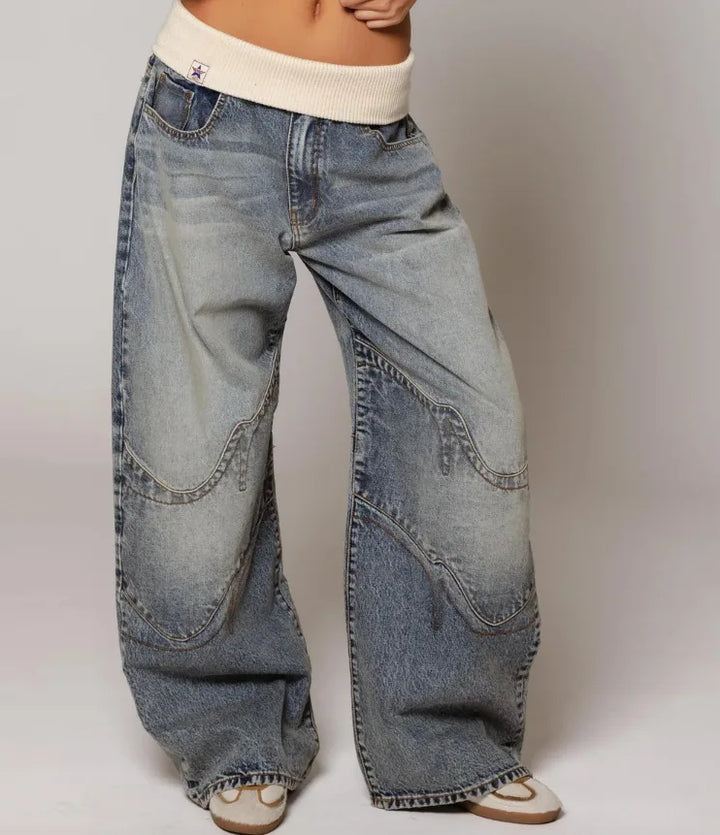 Stylish women's Y2K denim jeans; oversized, baggy wide leg fit with a distinctive and comfy ribbed waist.
