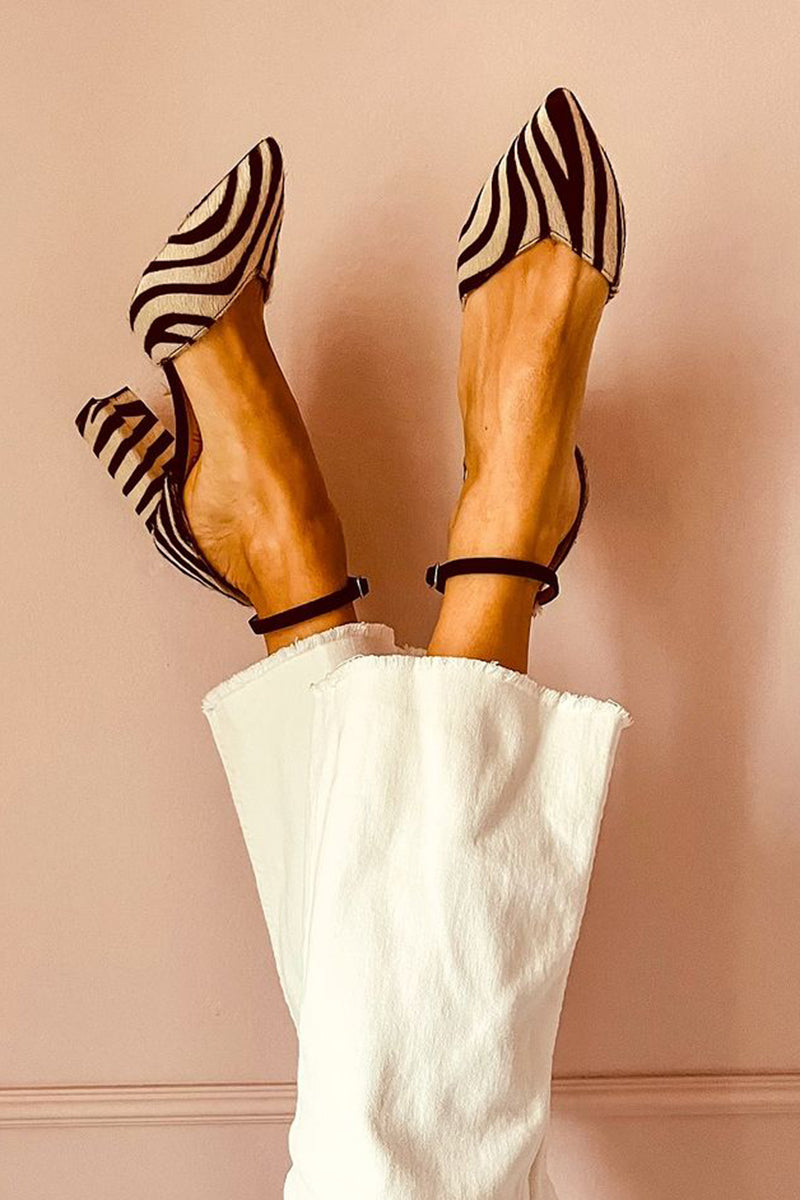 Women's zebra print medium-heel sandals with ankle strap, stylish summer party wear footwear