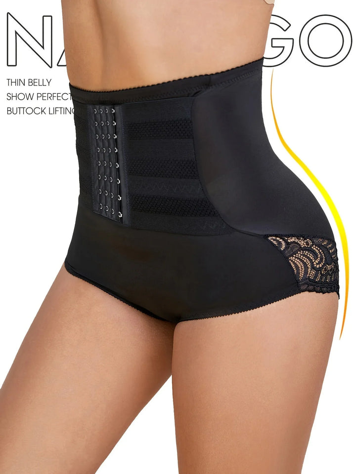 Invisible high-waisted shapewear briefs with compression & lace trim. Women's smoothing tummy control underwear.