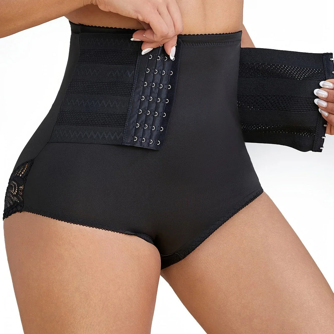 Women's high-waisted compression lace shapewear briefs for tummy control & smoothing. Invisible support.