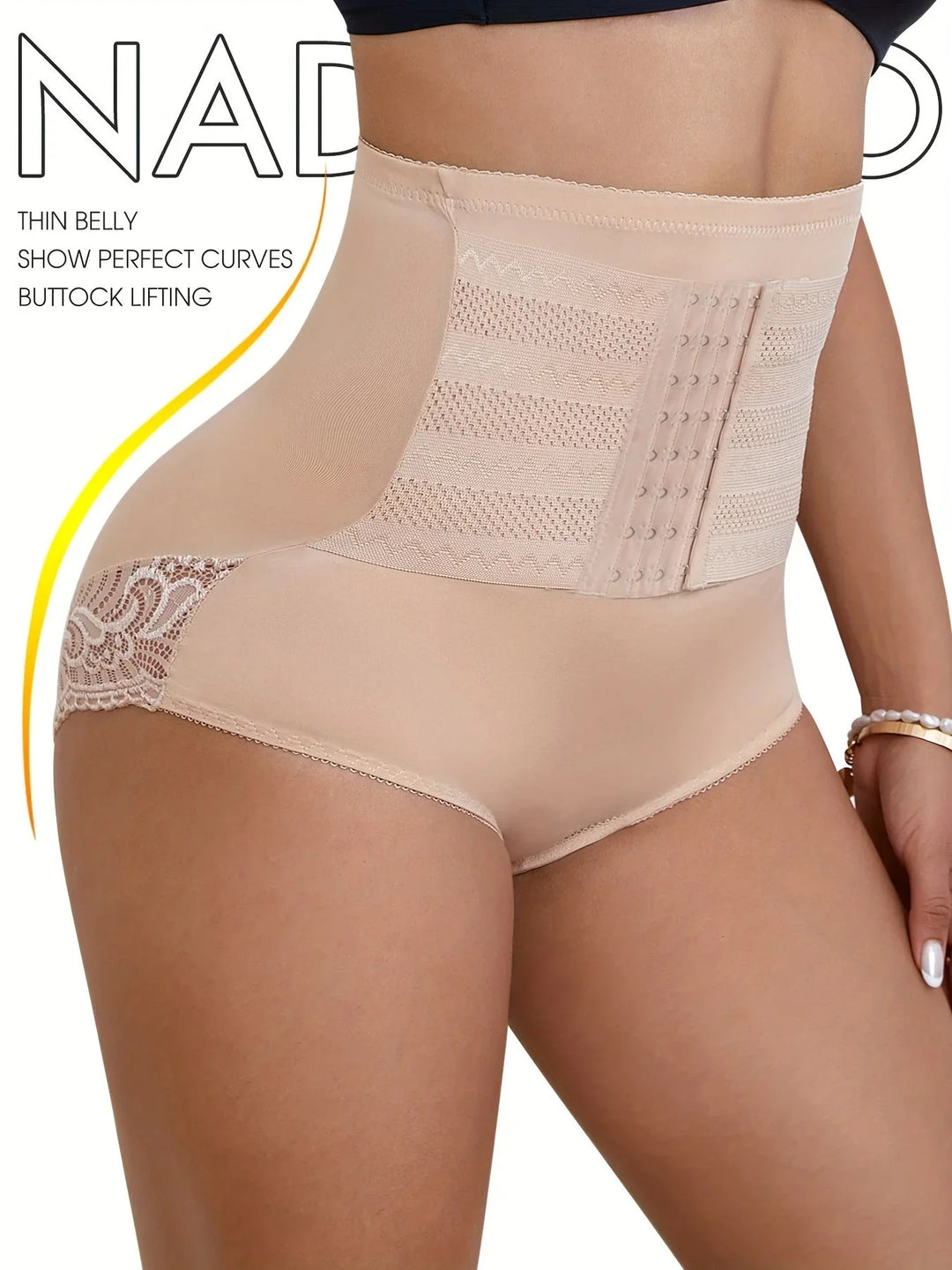 Lace trim high-waisted compression briefs, a women's body shaper for effective tummy control & smoothing.
