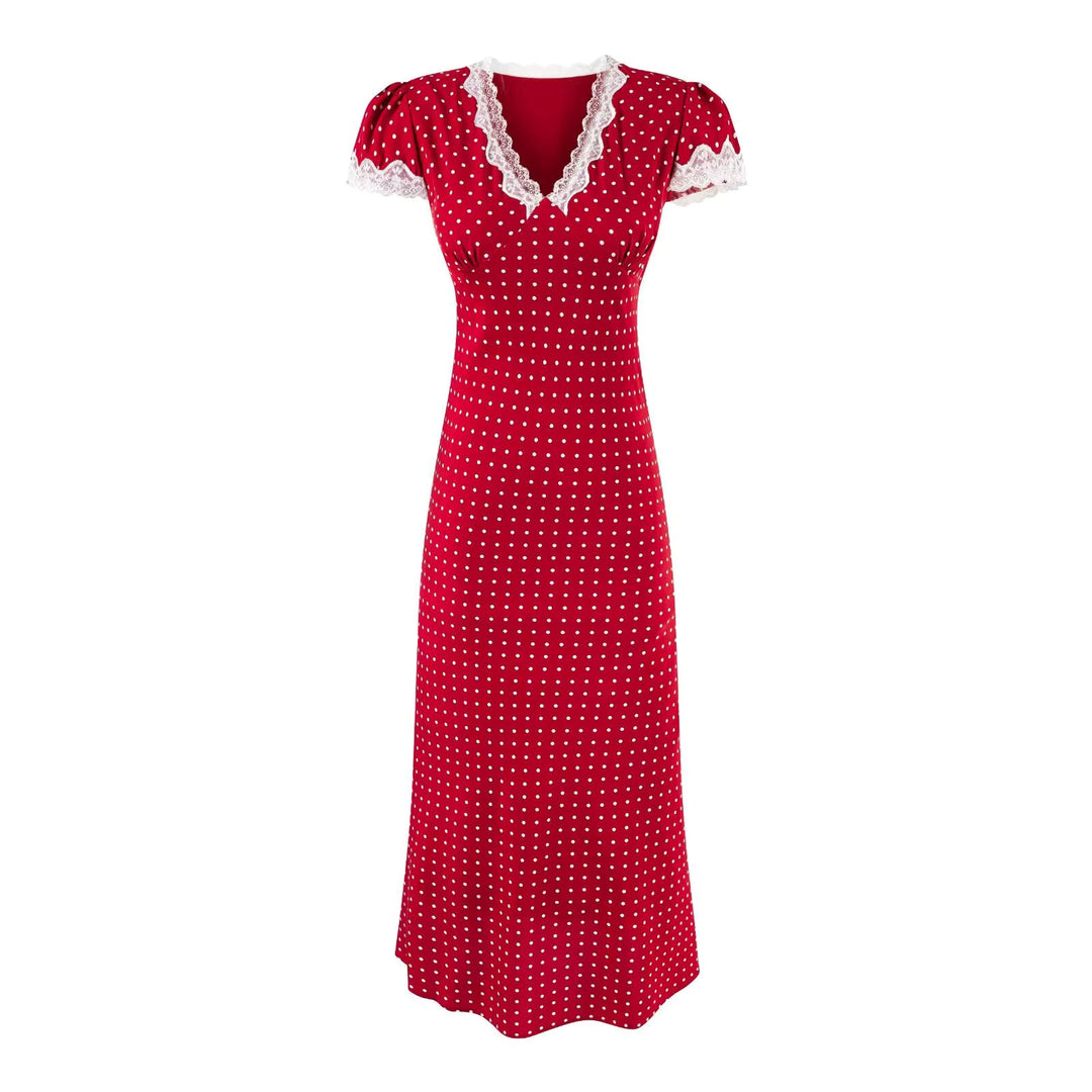 Flattering A-line polka dot maxi dress, womens V-neck with charming lace trim for a summer style.