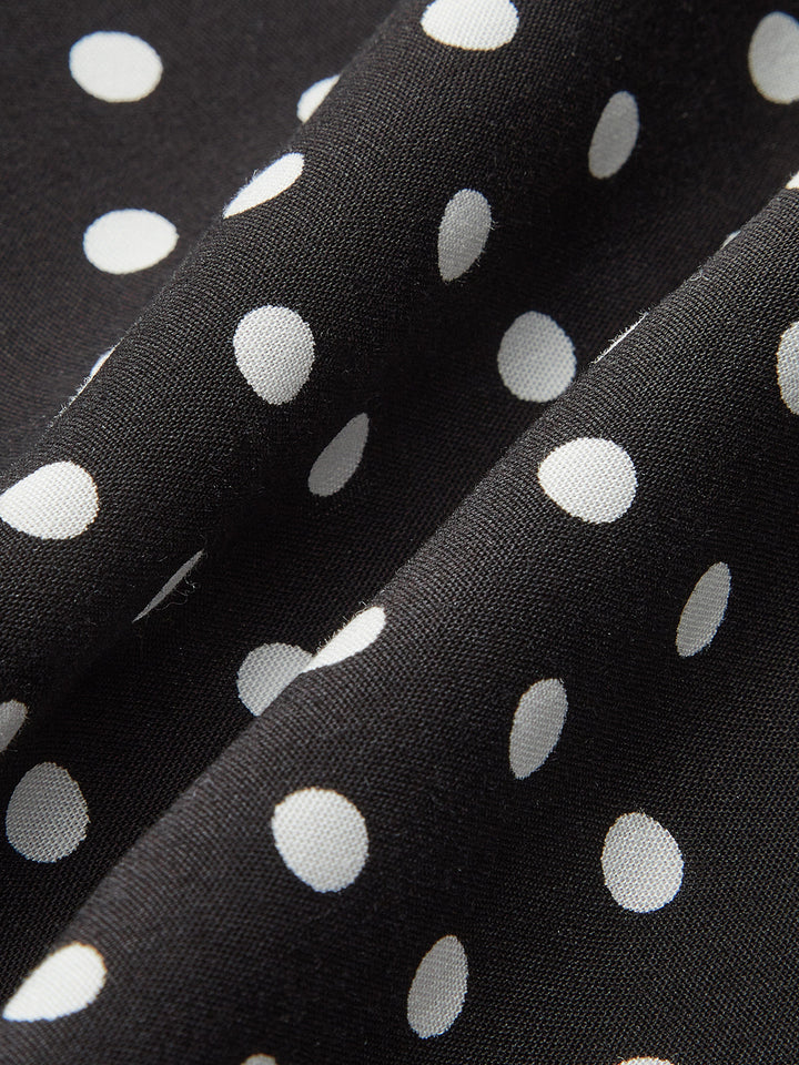 Sophisticated polka dot summer maxi dress, women's V-neck, short sleeve, and elegant lace details.