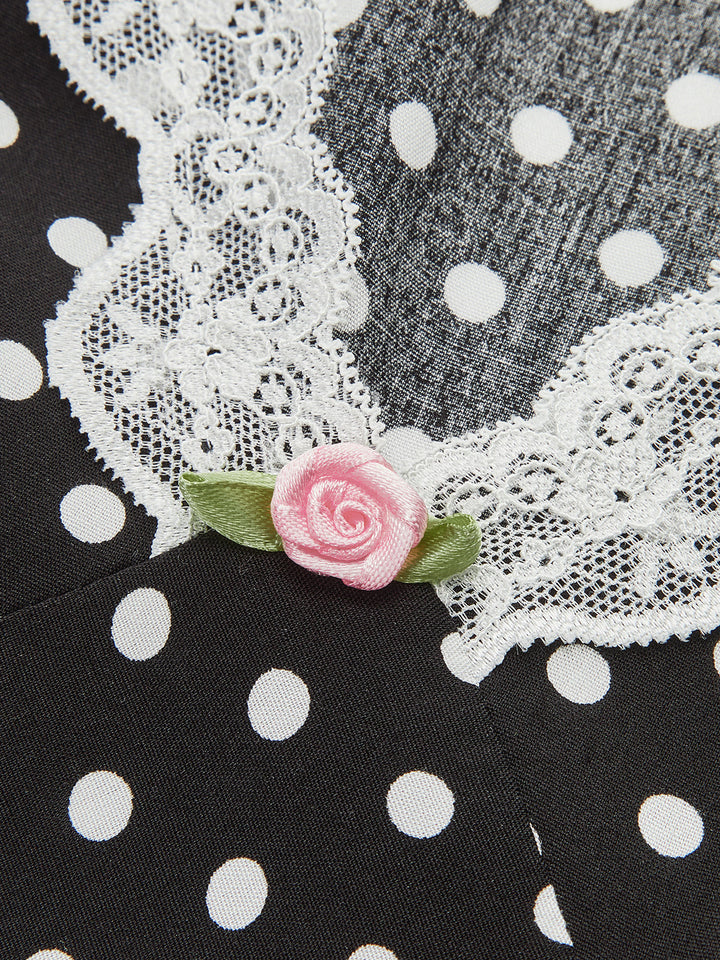Womens elegant polka dot maxi dress, V-neck, high waist, and exquisite lace-trim, perfect for occasions.