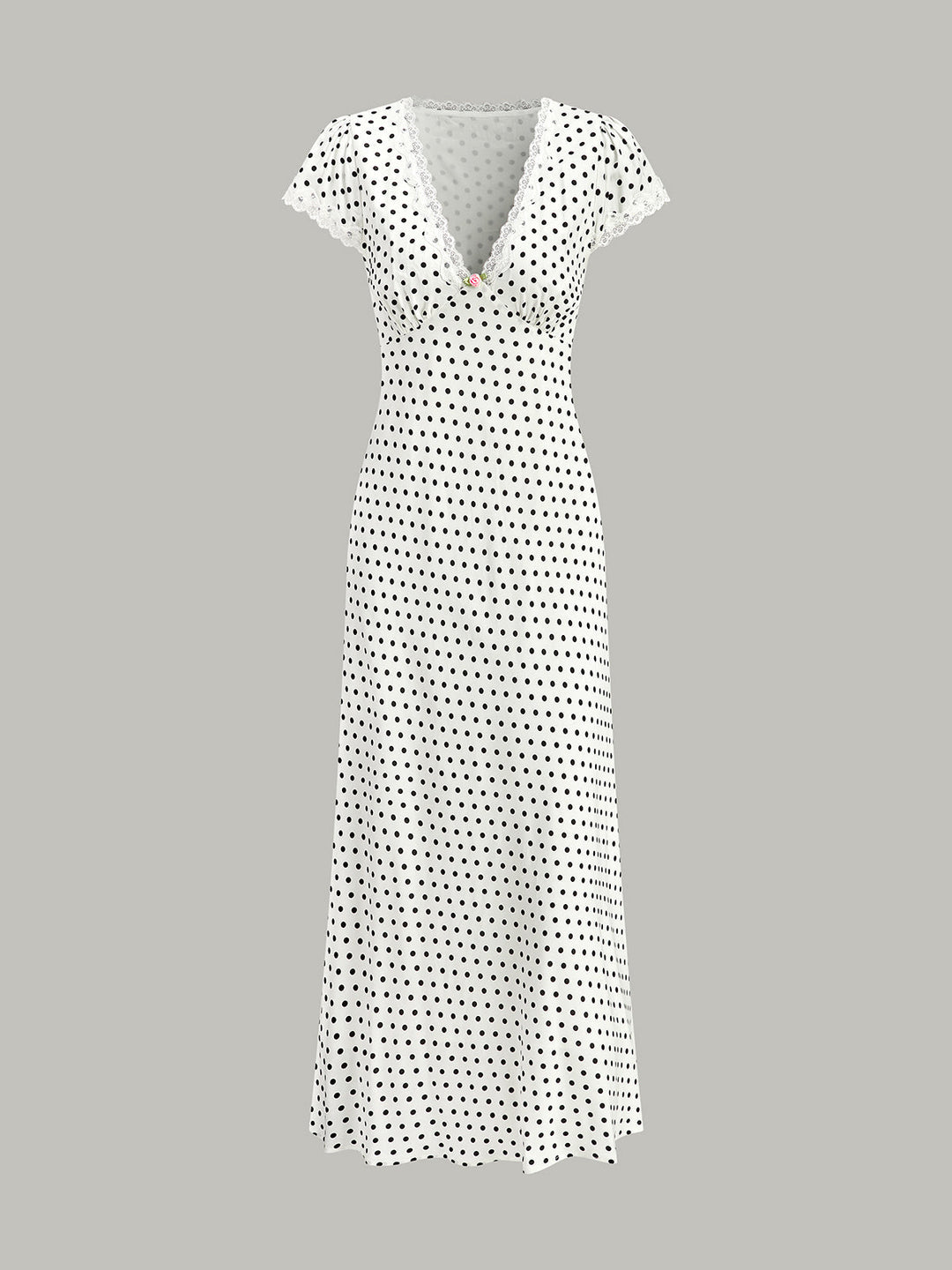 Womens high-waist polka dot maxi dress with lace-trim V-neck, a fashionable A-line summer dress.
