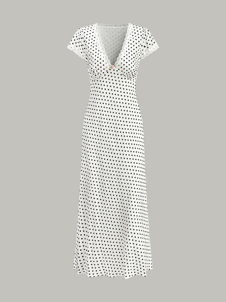 Womens high-waist polka dot maxi dress with lace-trim V-neck, a fashionable A-line summer dress.