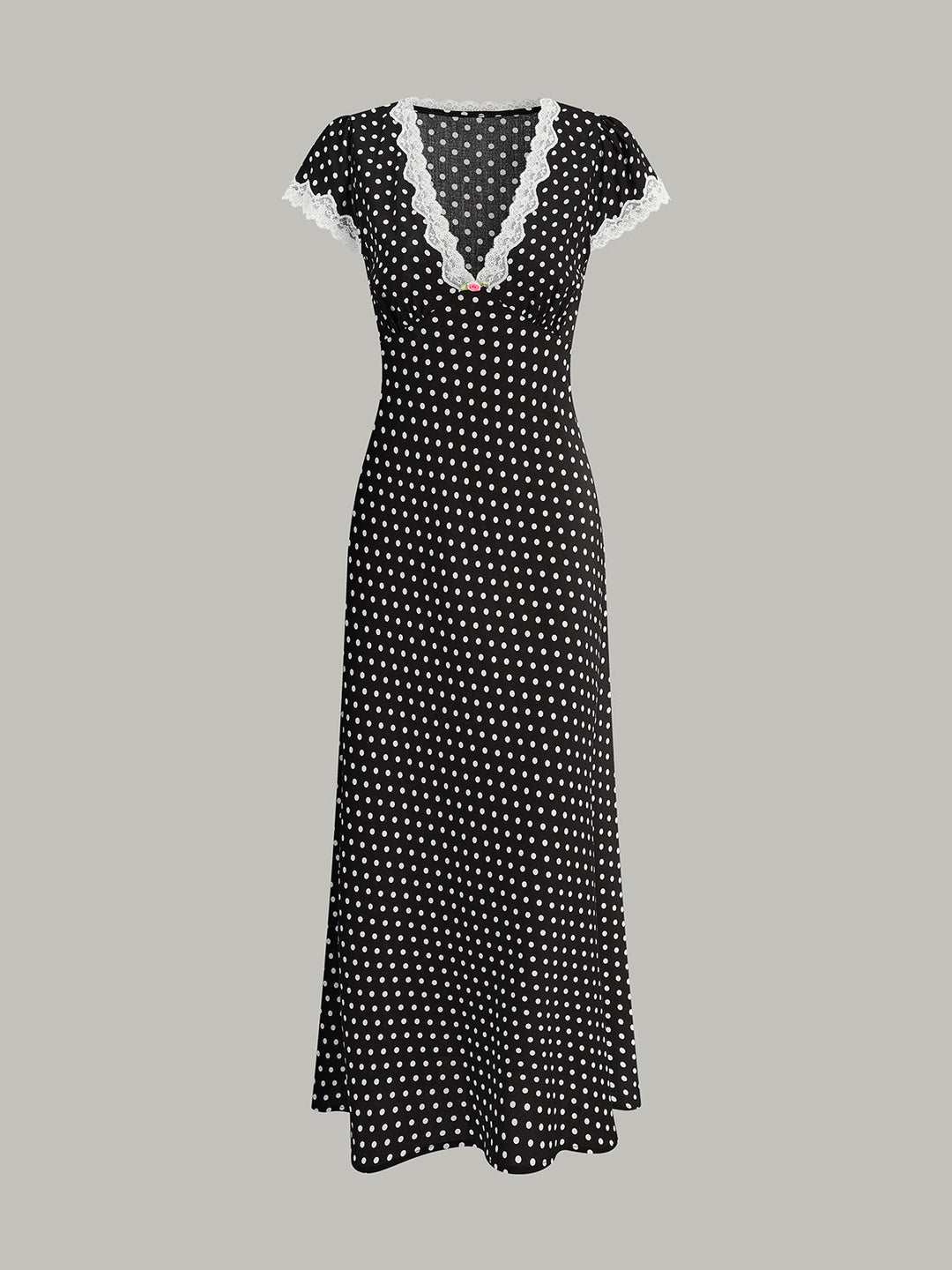 Short-sleeve polka dot maxi dress, elegant womens V-neck design with beautiful lace trim.