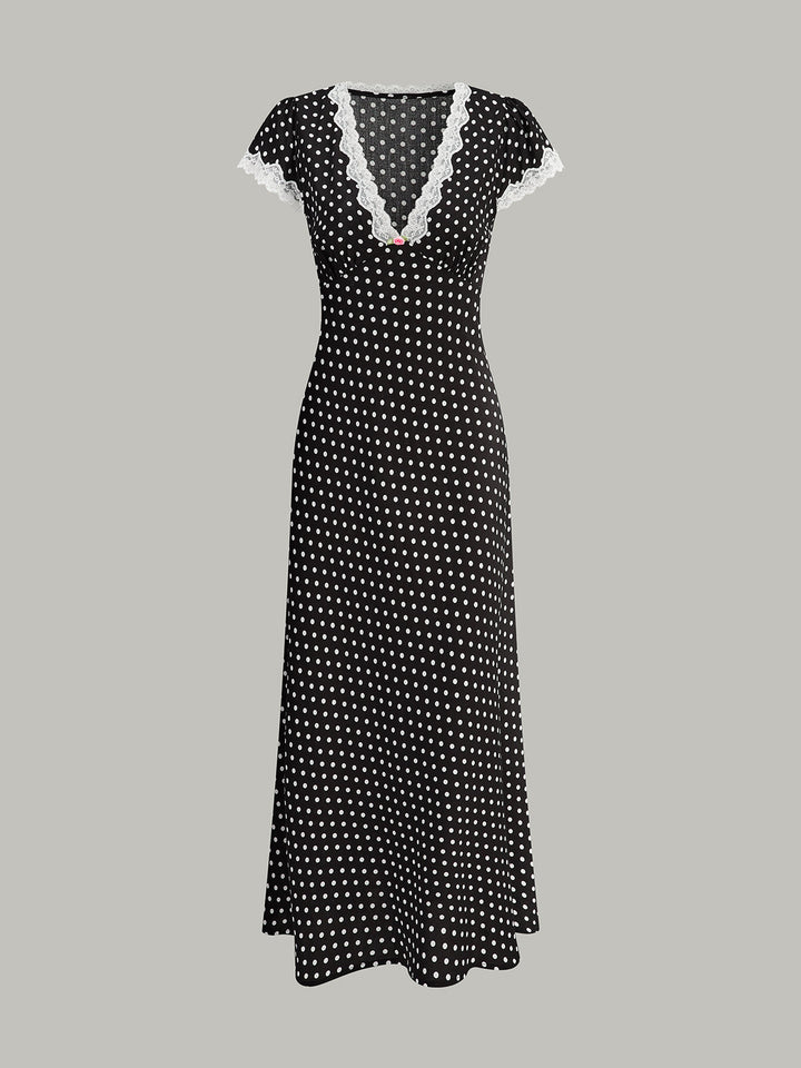 Short-sleeve polka dot maxi dress, elegant womens V-neck design with beautiful lace trim.
