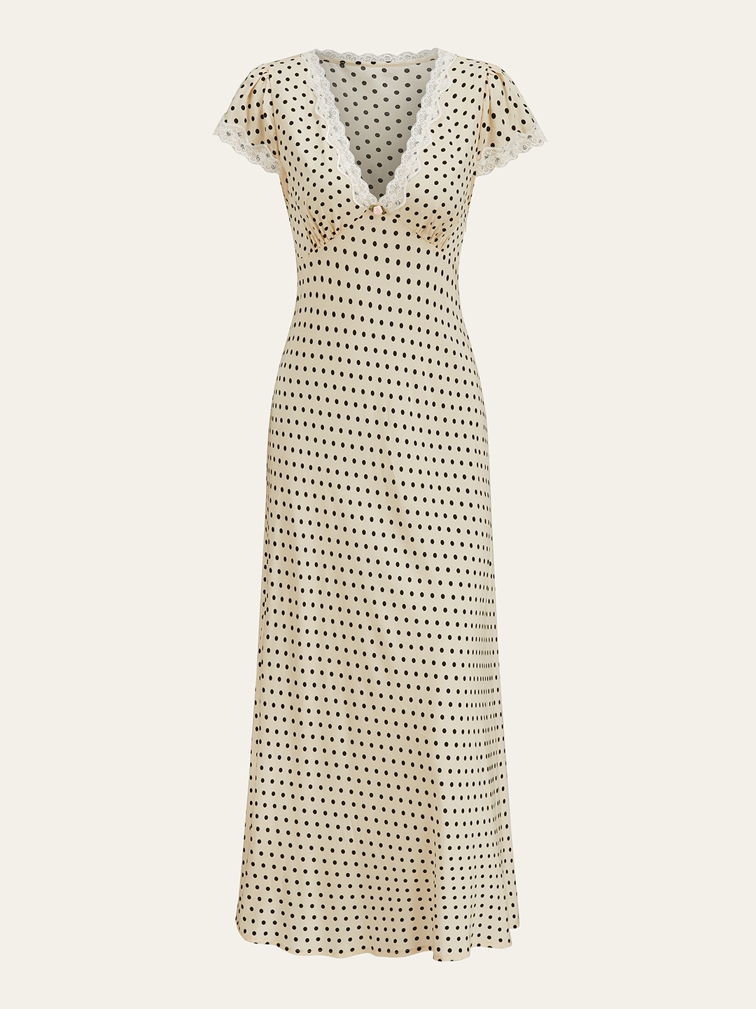Versatile polka dot maxi dress, women's V-neck, lace-trim, suitable for both casual & occasion wear.