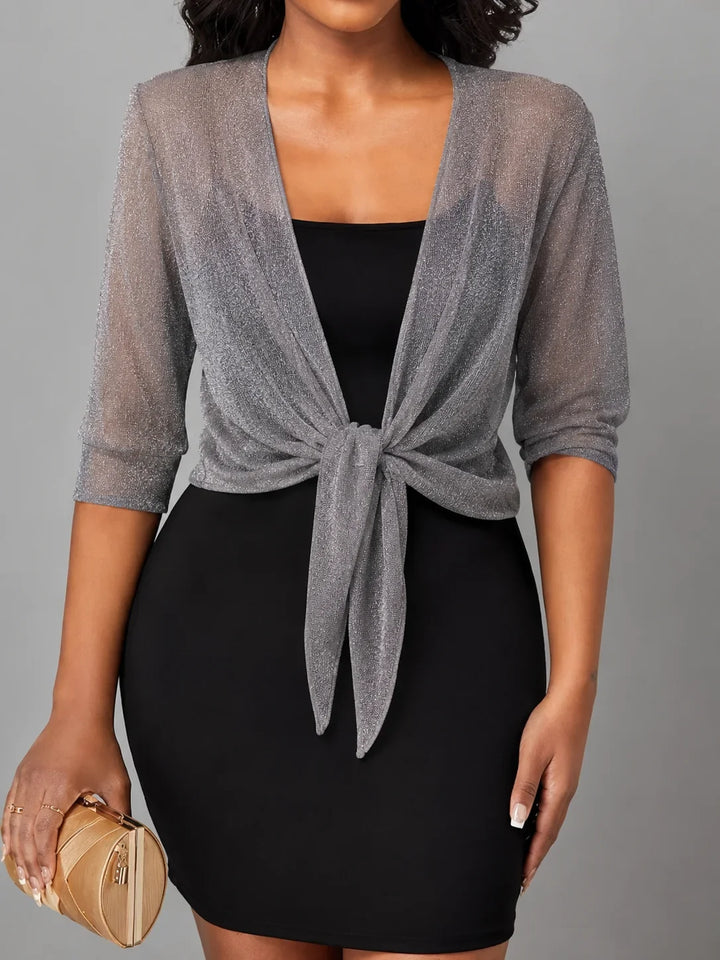 Comfortable women's sheer tie-front blouse, 3/4 sleeves, lightweight and breathable spring top.