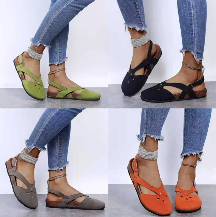 Chic women's slingback sandals with a secure strap, elegant closed-toe, and beautiful floral cut-out design.
