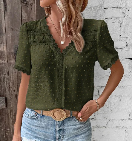 Versatile women's V-neck lace blouse with Swiss dots and short sleeves, ideal for office or casual elegant wear.