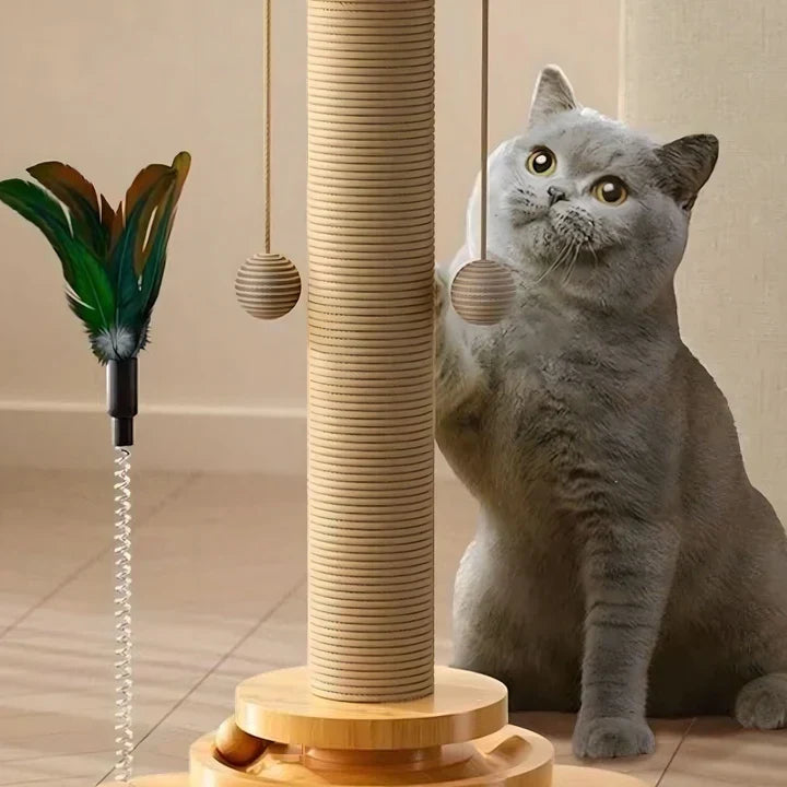Wooden interactive cat scratching post with play toy. Durable feline fun & claw sharpener.