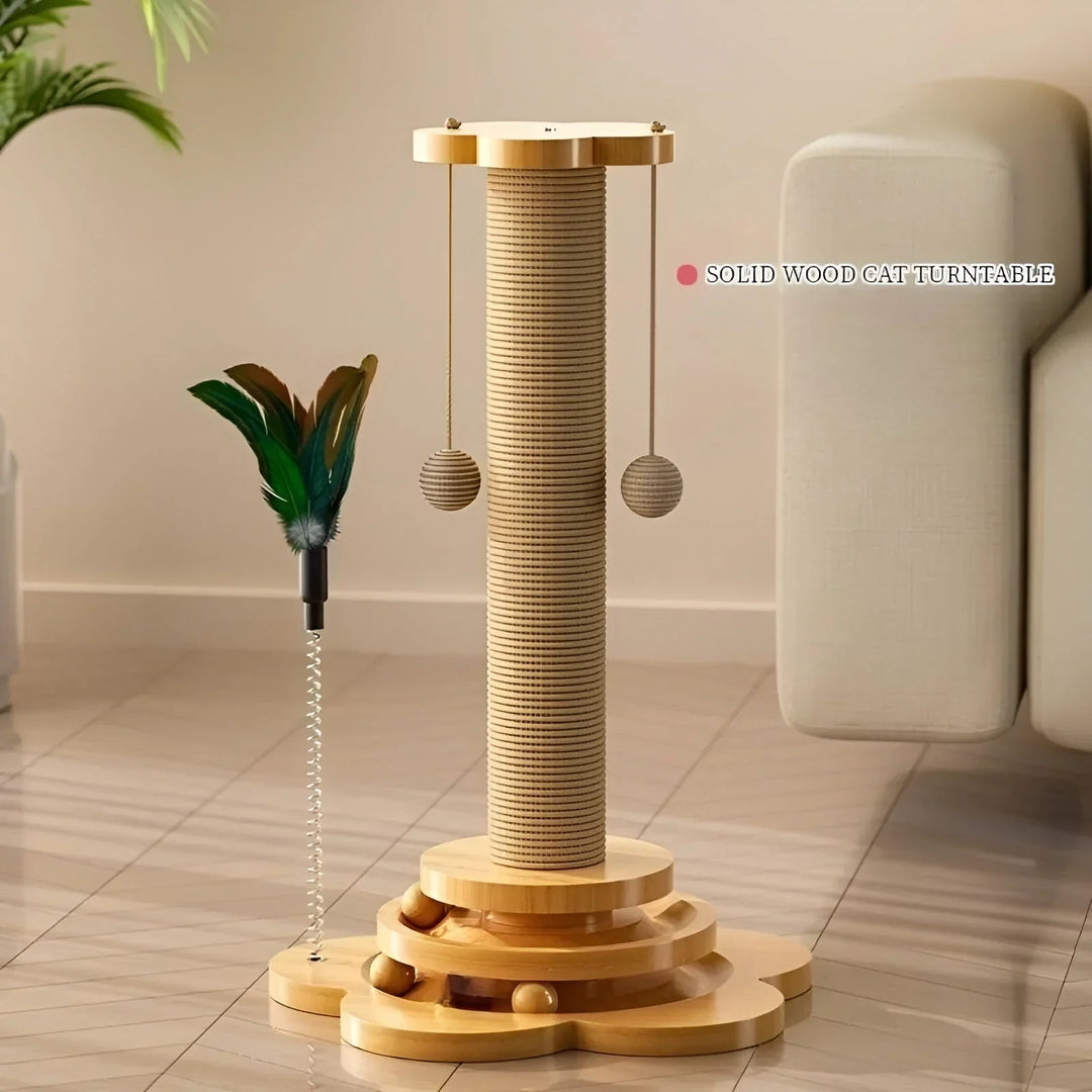 Interactive wooden cat play station with scratching post. Engages cats for enrichment & entertainment.