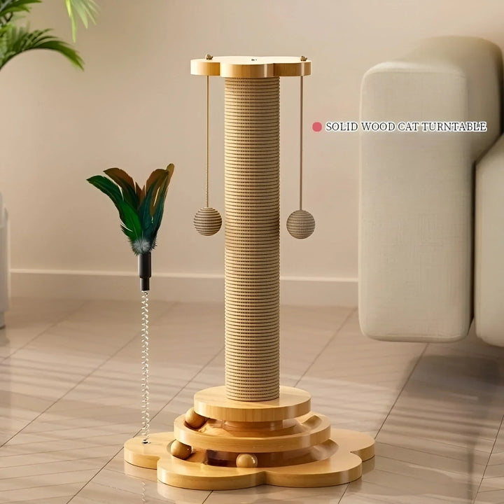 Interactive wooden cat play station with scratching post. Engages cats for enrichment & entertainment.