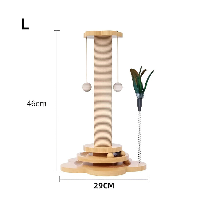 Multi-functional interactive cat toy: wooden scratching post & play station for feline fun.