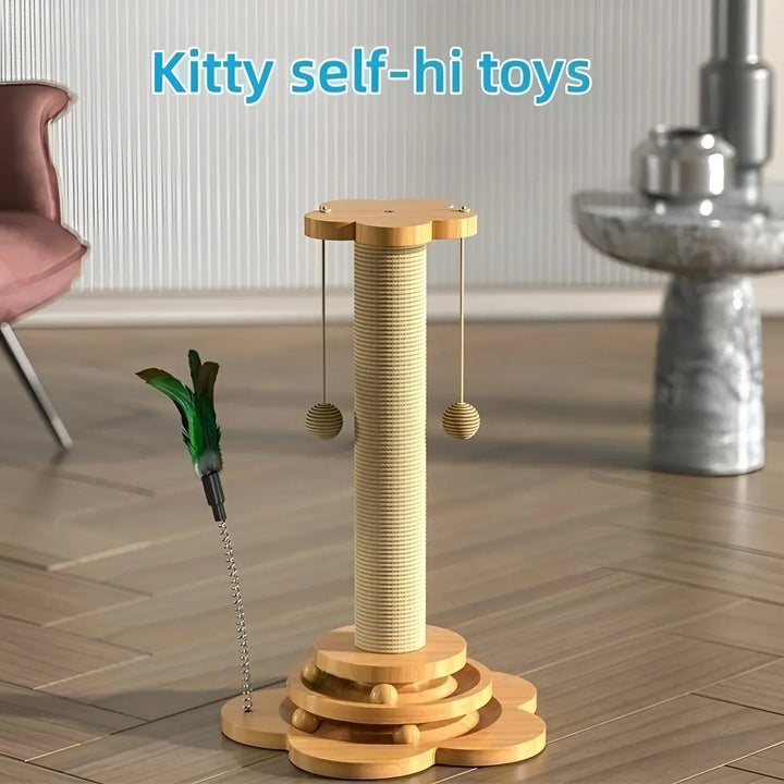 A playful cat interacting with the durable wooden scratching post & play toy, enjoying feline fun.
