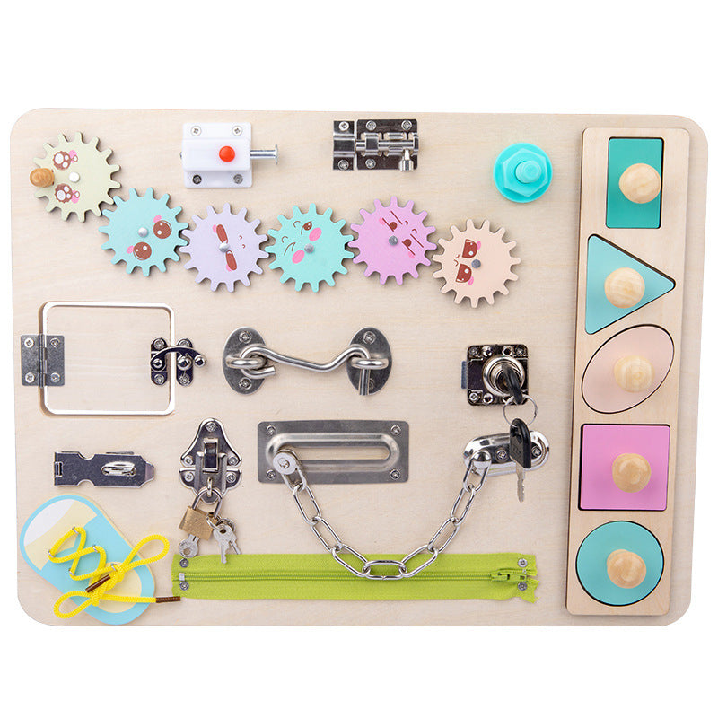 Wooden sensory activity board for toddlers, developing fine motor skills & early education. Engages kids.