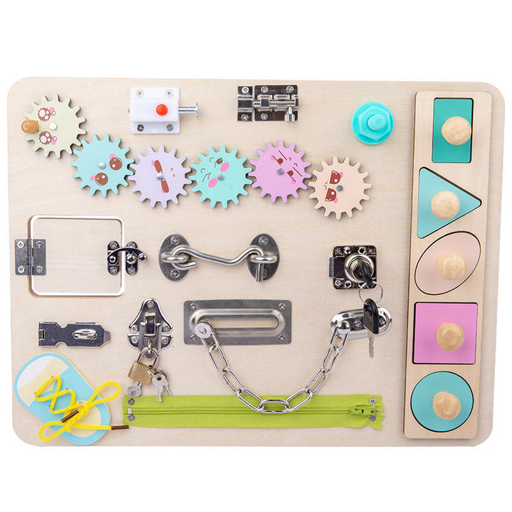 Wooden sensory activity board for toddlers, developing fine motor skills & early education. Engages kids.