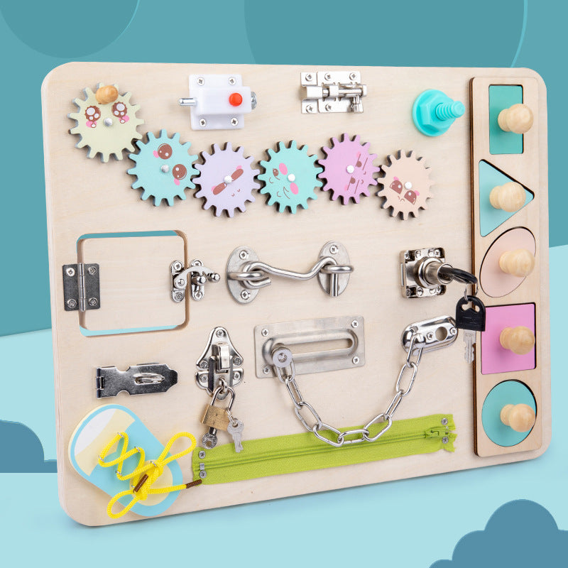 Multifunctional wooden busy board for toddlers, enhancing sensory play & learning. Ideal educational toy.