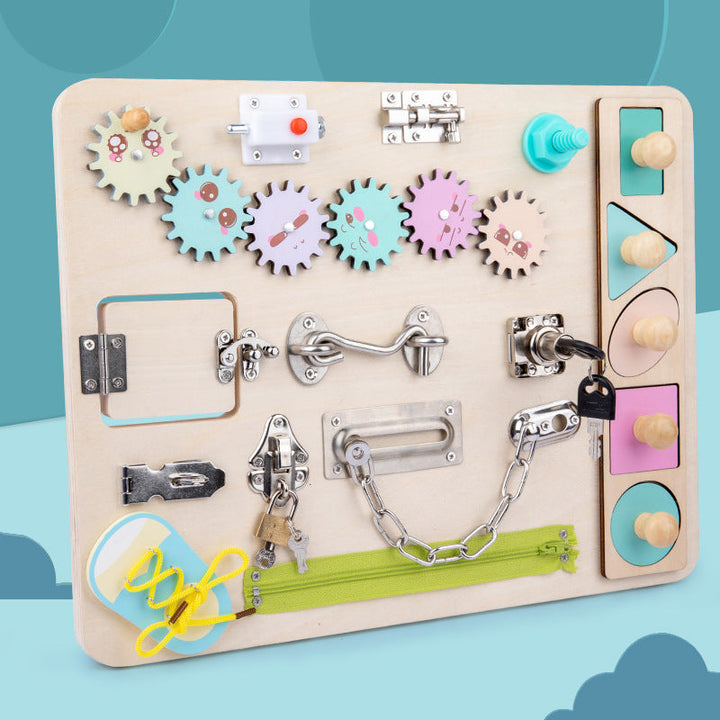 Multifunctional wooden busy board for toddlers, enhancing sensory play & learning. Ideal educational toy.