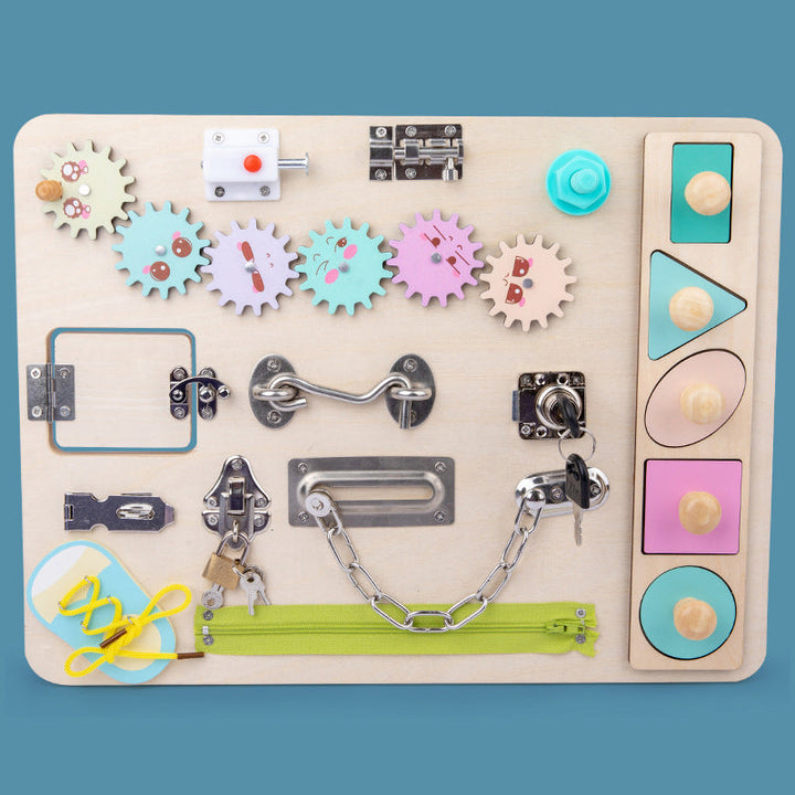 Kids' wooden sensory activity board, perfect gift for toddlers. Promotes developmental & fine motor skills.