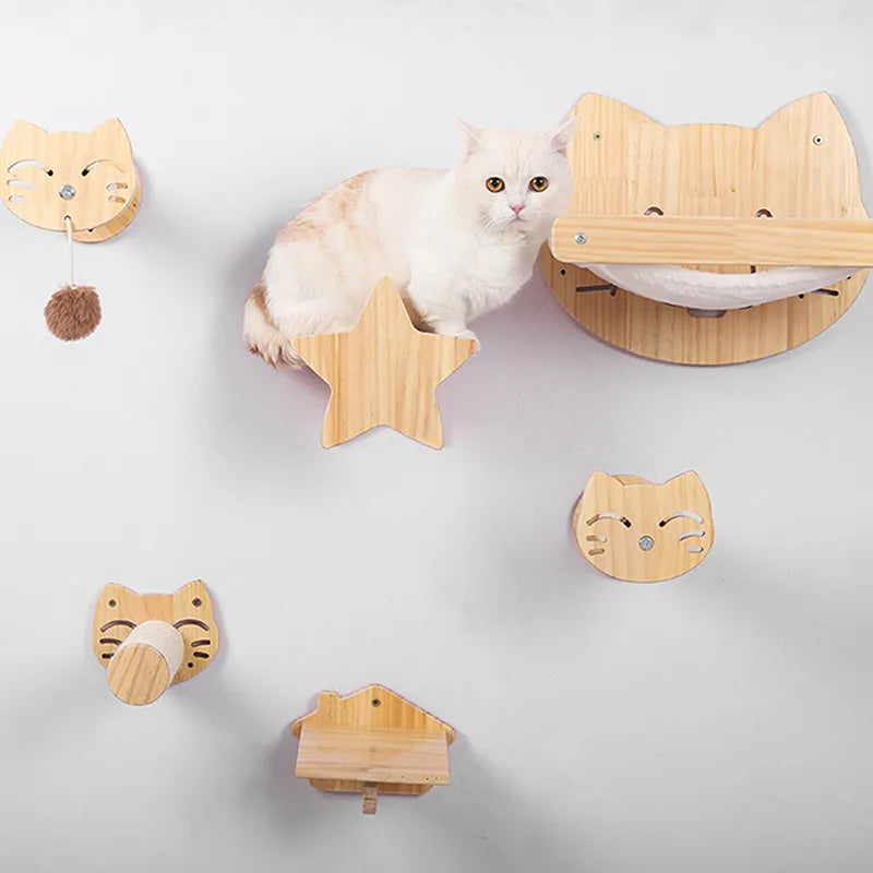 Wooden wall-mounted cat scratching board with a cozy cat head design, ideal for feline nail care & rest.