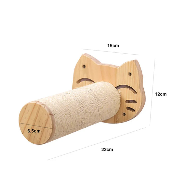 Premium wall-mounted wooden cat scratcher, designed as a cat head, provides rest & prevents damage.
