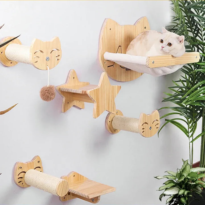 Space-saving wooden wall scratcher & cat bed with a charming cat head design; great for small spaces.