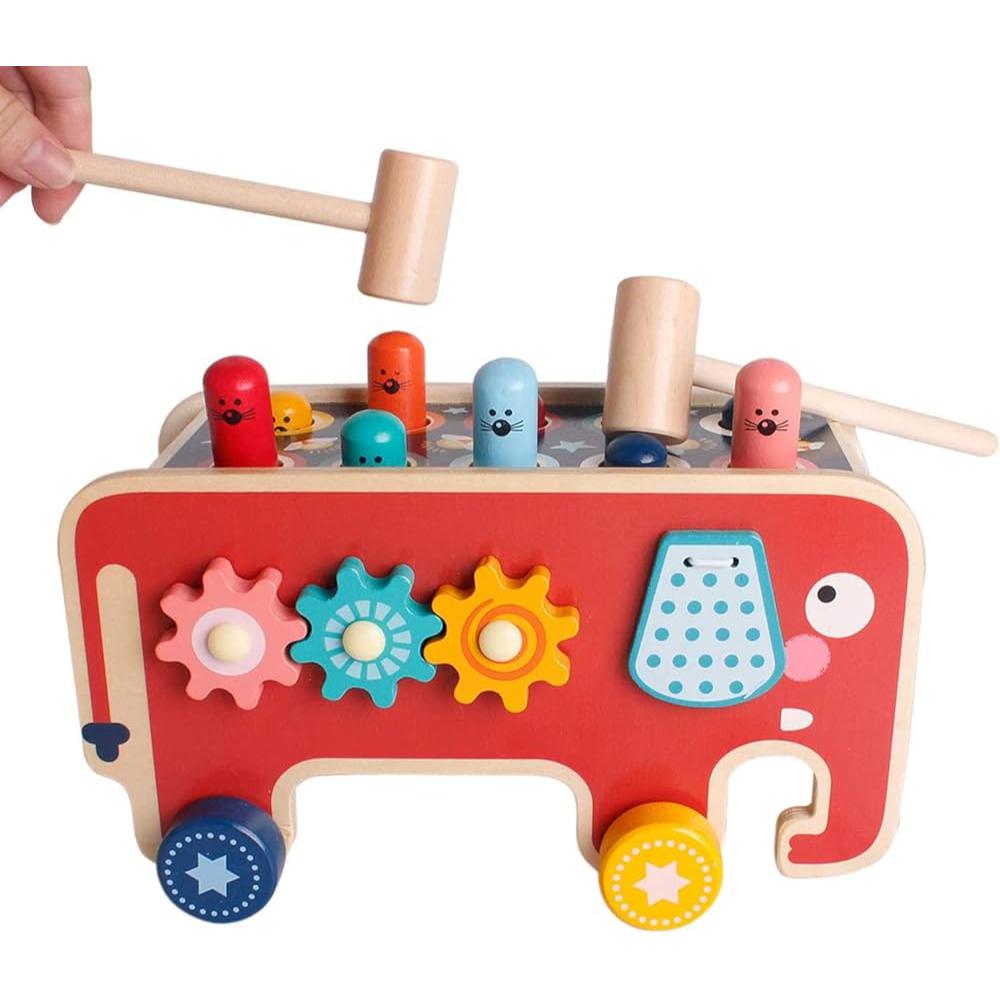 Multifunctional wooden baby activity toy: Whack-A-Mole game, pull string, & colorful xylophone for toddler development.